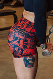 Performance Booty Shorts - Red Grunge Skulls