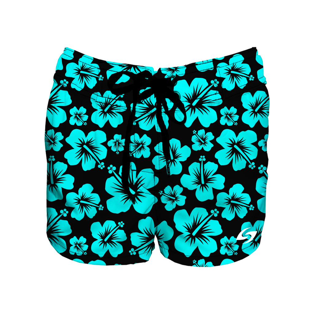 Women's Elastic Waist Boardshorts - Aqua Hibiscus